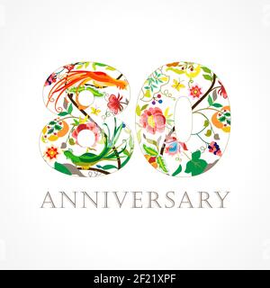 80 years old luxurious celebrating folk logo. Template colored 80 th happy anniversary greetings, ethnics flowers, plants, paradise birds. Set of trad Stock Vector