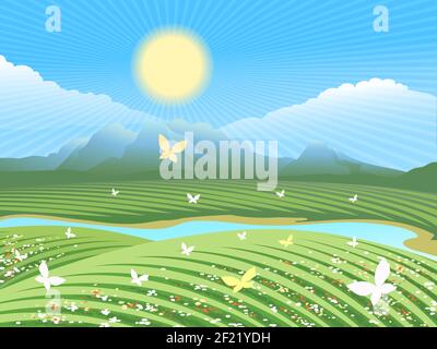 Spring farm landscape. Green field on the hills with flowers and butterflies near the river. The sun is shining in the distance visible mountains Stock Vector