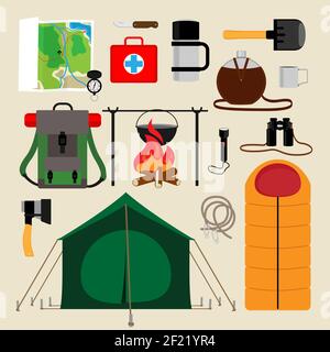 Camping equipment icons. Facilities for tourism, recreation, survival in the wild. Vector illustration Stock Vector