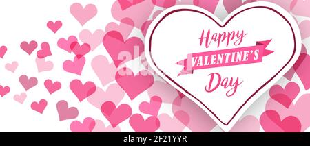 Happy Valentine's Day greeting card illustration. Pink quote message with cute romantic heart shape decoration for february 14 holiday event. Stock Vector