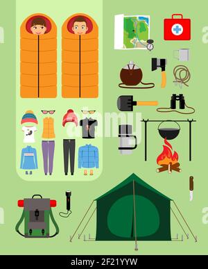 Boy and girl in sleeping bags next to tent with campfire and backpack. Facilities for tourism, recreation, survival in the wild. Vector illustration Stock Vector