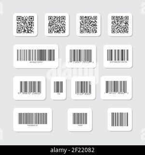 Bar and QR codes on white vector stickers set. Label information data, identification strip illustration Stock Vector