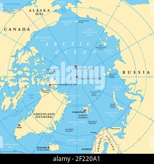 Geographic position of the North Pole of the Earth, political map. Magnetic, Geomagnetic and Geographic North Pole. Map of the Arctic Ocean. Stock Photo
