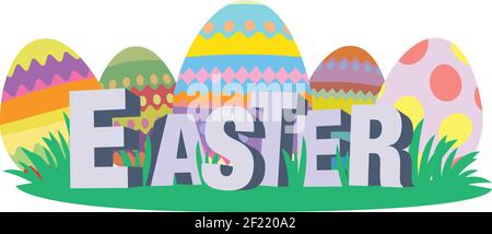 Happy easter eggs with a 3d title design. Spring summer holiday. Easter eggs on a white background. Isolated Vector Illustration. Stock Vector