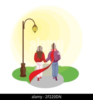 Couple in love girlfriend and boyfriend walk under street light and holding hands. Male and female outdoor walking along park path. Human romantic spring relationship concept vector eps illustration Stock Vector