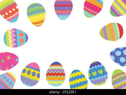 Happy easter eggs with a border design. Spring summer holiday. Collection of Easter eggs on a white background. Isolated Vector Illustration. Stock Vector