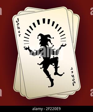 Black vector Joker silhouette on a hand or deck of playing cards  designated as the highest trump or wild card conceptual of a casino  gambling and lu Stock Vector