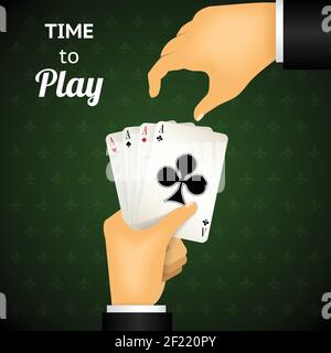 Cartooned Hand Playing Cards with Four Aces  Emphasizing Time to Play  on Green Patterned Background. Stock Vector