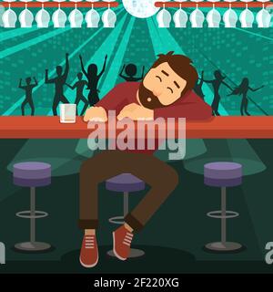 Alcoholic drunk man asleep at the bar in the night club Stock Vector