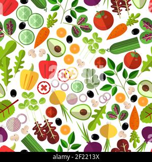 Salad ingredients seamless pattern. Vegetable mushrooms and avocado, onion and carrot, cucumber and pepper, vector illustration Stock Vector