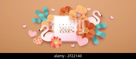 Happy Valentine's Day floral greeting card illustration in realistic 3d papercut style. Paper craft flowers, heart shape and swan birds. Romantic febr Stock Vector