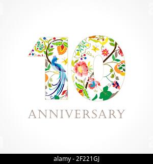 10 years old luxurious celebrating folk logo. Template colored 10 th happy anniversary greetings, ethnics flowers, plants, paradise birds. Set of trad Stock Vector