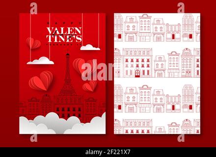 Happy Valentine's Day greeting card set. Cute paris city doodle background with realistic 3d papercut sky clouds, hearts and paper plane. Romantic feb Stock Vector