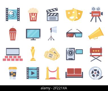 Modern cinema icons in flat style. The concept of filming and premiere in the cinema. Vector illustration Stock Vector
