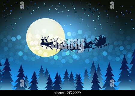 Christmas background with Santa driving his sleigh across the face of the moon on a starry cold winter night surrounded by a bokeh of sparkling lights Stock Vector