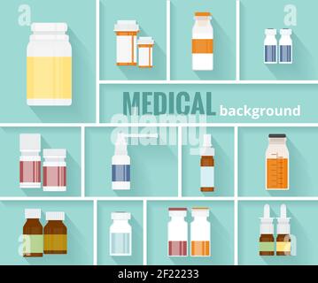 Cool Various Cartooned Medication Bottles for Medical Background Graphic Design. Stock Vector