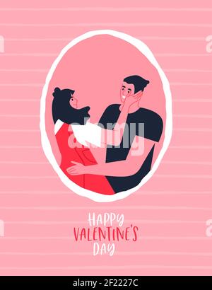 Valentine's day greeting card illustration of happy young couple in love hugging for february 14 romantic holiday event. Stock Vector