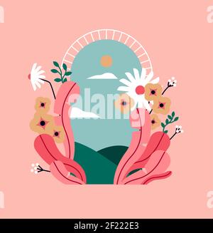 Beautiful spring flowers with open door frame, nature landscape background illustration. Empty copy space window scene. Dreamy pink color concept. Stock Vector
