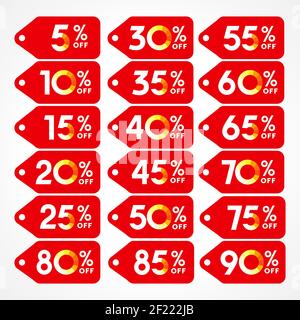 Set of vector discounts. Price lists labels, red logo with die cutting. 5th, 10th, 15th, 20th, 25th, 30th, 35th, 40th, 45th, 50th, 55th, 60th, 65th, 7 Stock Vector
