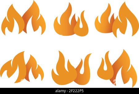 Set of six of pattern designs for flame and fire symbols in orange gradient isolated on white background. Stock Vector
