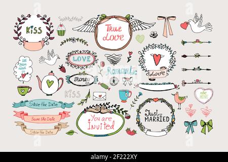 Romantic ornate frames, banners and ribbons. Just married and invitation, design. Vector illustration Stock Vector