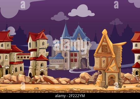 Medieval city seamless landscape background for computer game. Interface panoramic, gui city or town, vector illustration Stock Vector