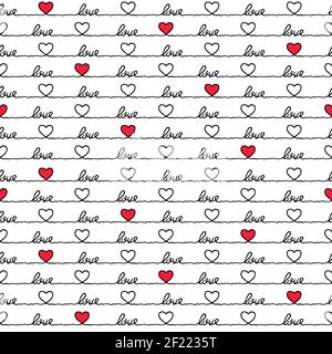 Red valentine's day heart shape cartoon seamless pattern. Love quote, romantic doodle background for holiday print or wedding concept. Stock Vector