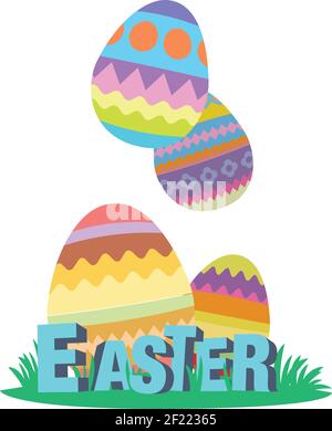 Happy easter eggs with a 3d title design. Spring summer holiday. Easter eggs on a white background. Isolated Vector Illustration. Stock Vector