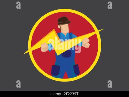 Vector cartoon illustration worker in blue overall holding a lightning symbol. Stock Vector