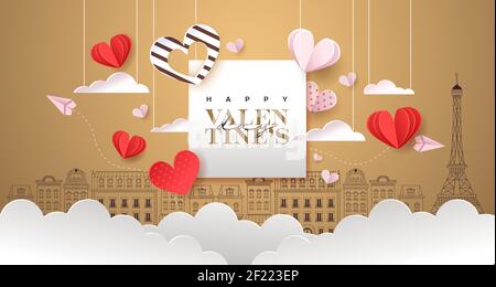 Happy Valentine's Day greeting card illustration. Pink paris city doodle background with realistic 3d papercut sky clouds, hearts and paper plane. Rom Stock Vector
