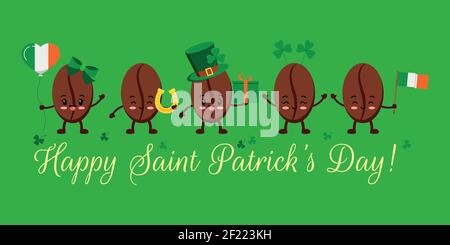 St Patrick day coffee beans on greeting card. Stock Vector