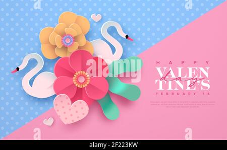 Happy Valentine's Day floral greeting card illustration in realistic 3d papercut style. Paper craft flowers, heart shape and swan birds. Romantic febr Stock Vector
