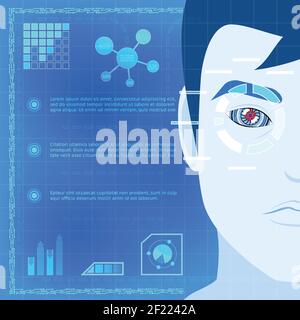 Creative Concept of Eye Biometrics Scanner Technology Infographic Design with A Cartooned Guy Scanning his Eye for Access on Blue Background. Stock Vector