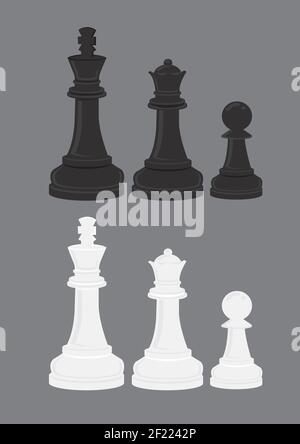 Vector illustrations of iconic black and white chess pieces, chess pawn, chess queen and chess king isolated on grey background. Stock Vector