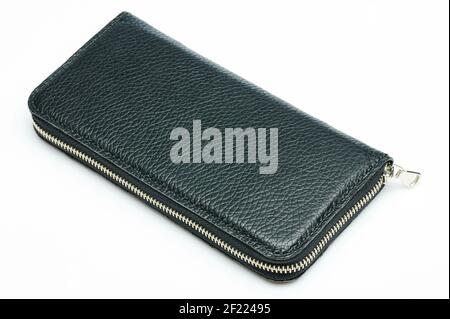 Black leather wallet with zipper isolated on white studio background Stock Photo