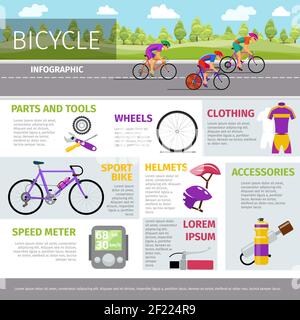 Bicycle vector infographic template in flat style. Sport activity, race and uniform, helmet and bottle illustration Stock Vector