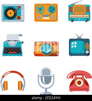 Retro media icons in flat style. TV and microphone, headphones and typewriter and radio Stock Vector