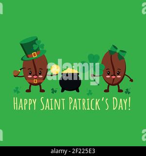St Patrick day coffee beans in leprechaun costume, pot with gold, clover. Stock Vector
