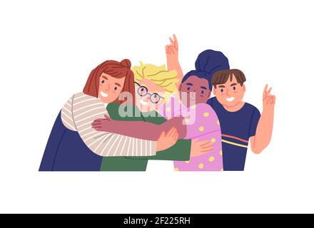 Cute children group hugging together on isolated background. Team of diverse happy kids in modern flat cartoon style. Young childhood friends, social Stock Vector