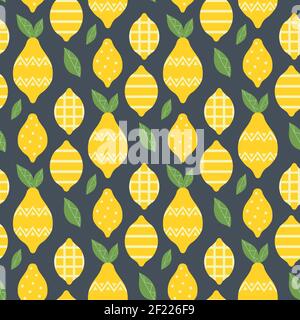 Lemon summer fruit with ornament seamless pattern on dark background. Stock Vector