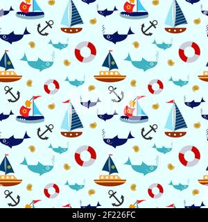 Pattern with sea with ships and fish. Stock Vector