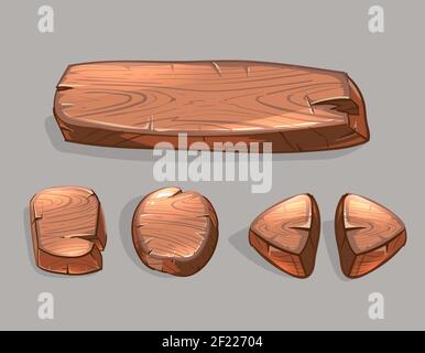 Cartoon wooden buttons vector set. Ui game illustration, oblong board and arrow Stock Vector