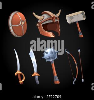 Cartoon fantasy weapons vector icons set. Mace and power dagger, ancient collection illustration Stock Vector
