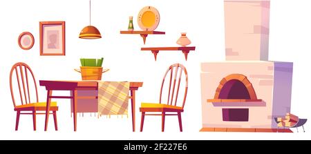 Cozy cafe or pizzeria interior with oven, wooden table and chairs, shelves and lamp. Vector cartoon set of furniture for canteen or rural russian kitchen with traditional stove Stock Vector