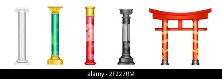 Antique pillars, ancient columns with golden decoration and red, green, white or black colored texture. Roman, chinese or arabic decor, luxury architecture elements, Realistic 3d vector isolated set Stock Vector