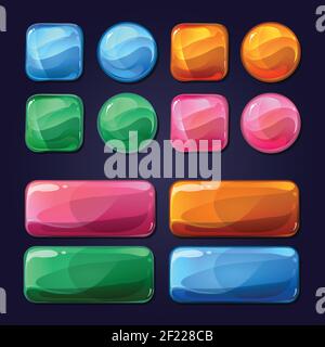 Vector cartoon glass buttons for game user interface UI. Design glossy, round shiny element illustration Stock Vector