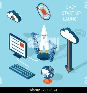 Colored Cartooned Easy Start-up Launch Infographic Design  Emphasizing Rocket and Technology. Stock Vector