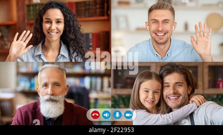 Happy parents and kids using computer and waving while making online video call Stock Photo