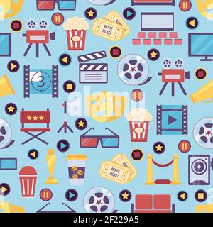 Seamless Various Film and Cinema Graphics on Light Blue for Background Design Stock Vector