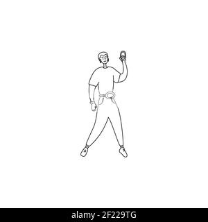 Asian man walks and shoots video for blog. Blogger is streaming, recording vlog. Male character holding phone in hand and smiling at camera. Young guy Stock Vector
